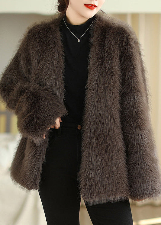 Solenn™ - Boutique Fashion Coffee V-Neck Faux Fur Coats Winter [Last Day Discount]
