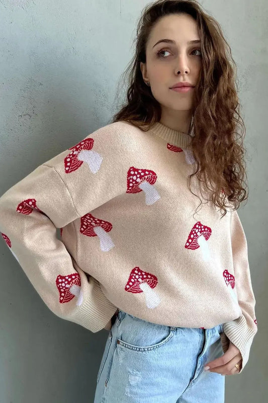 Gemütlicher Jacquard-Strickpullover mit Pilzmotiv