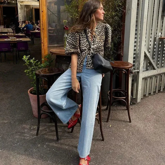 Bluse mit Leopardenmuster, Puffärmeln und Schleifendetail