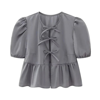 Bluse mit Leopardenmuster, Puffärmeln und Schleifendetail