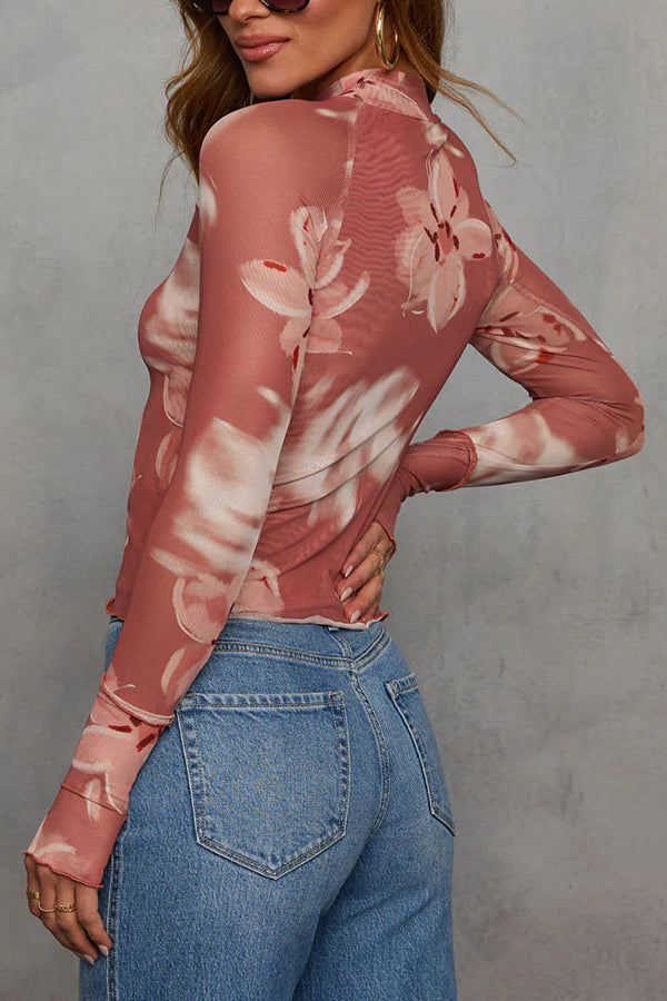 Floral bedrucktes Slim Fit Langarm Freizeitoberteil