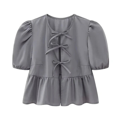 Bluse mit Leopardenmuster, Puffärmeln und Schleifendetail