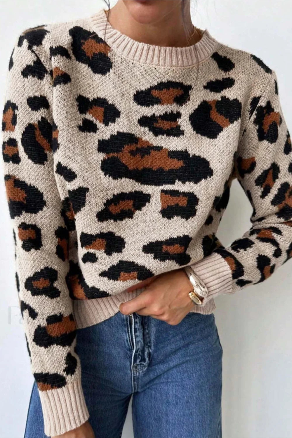 Schicker Pullover mit Rundhalsausschnitt und Leopardenmuster in Blockfarben