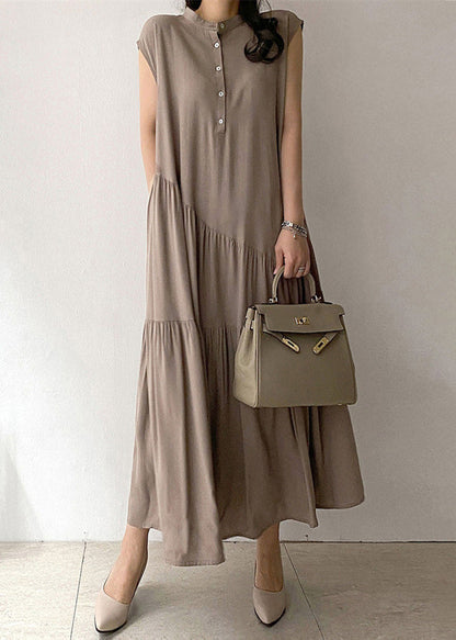 Damen Langkleid aus khakifarbenem Baumwollstoff mit Knopftasche