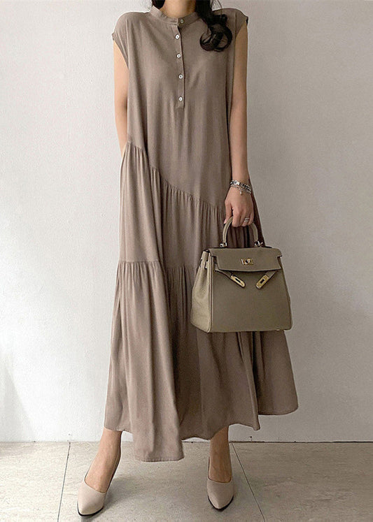 Damen Langkleid aus khakifarbenem Baumwollstoff mit Knopftasche