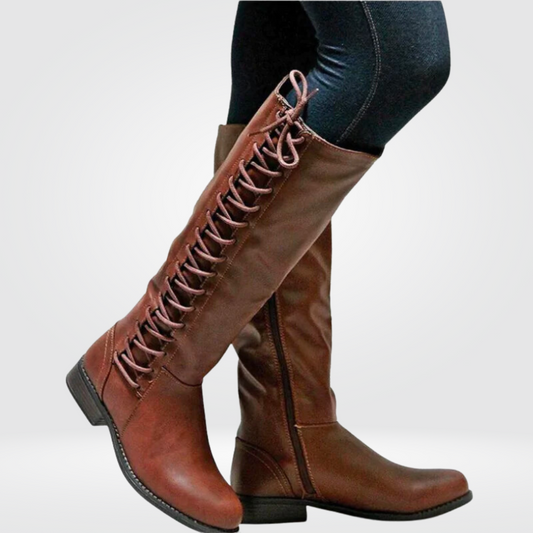 Damen-Stiefel mit Lederoptik, Blockabsatz, Reißverschluss und Schnürung