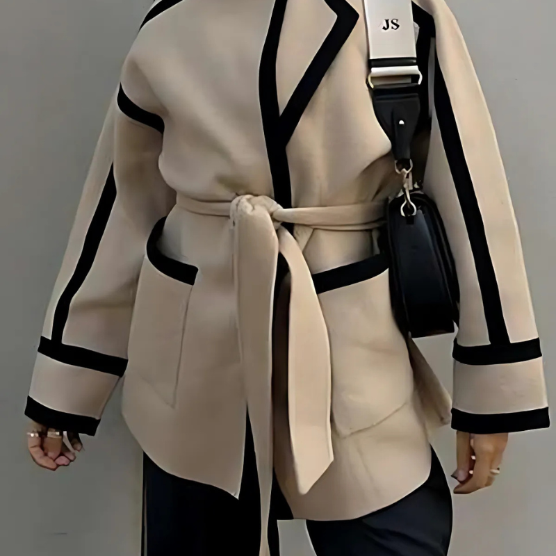 Eleganter Wickel-Taillengürtel-Blazer mit Kontrastdetails für Damen