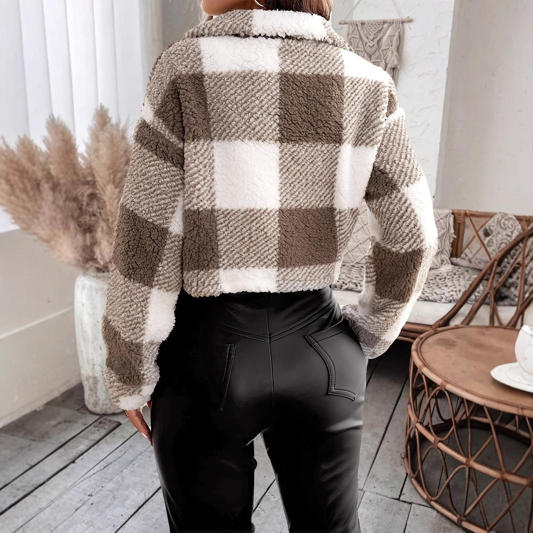 Gemütliche Teddy-Fleece Kurzjacke mit Karomuster