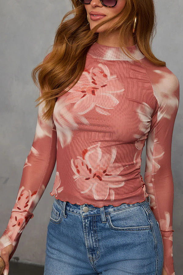 Floral bedrucktes Slim Fit Langarm Freizeitoberteil