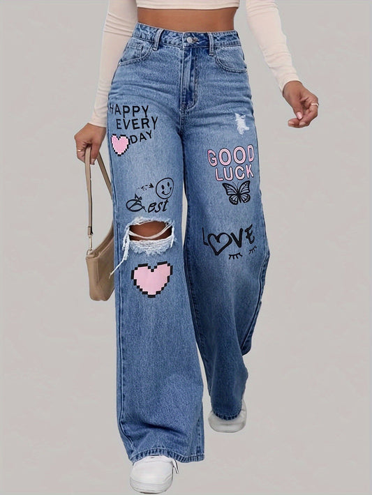 High-Waist Jeans mit weitem Bein und Grafikdesign