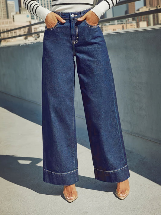 Jeans mit hoher Taille, weitem Bein und dehnbarem Denim-Stoff mit Umschlag am Saum