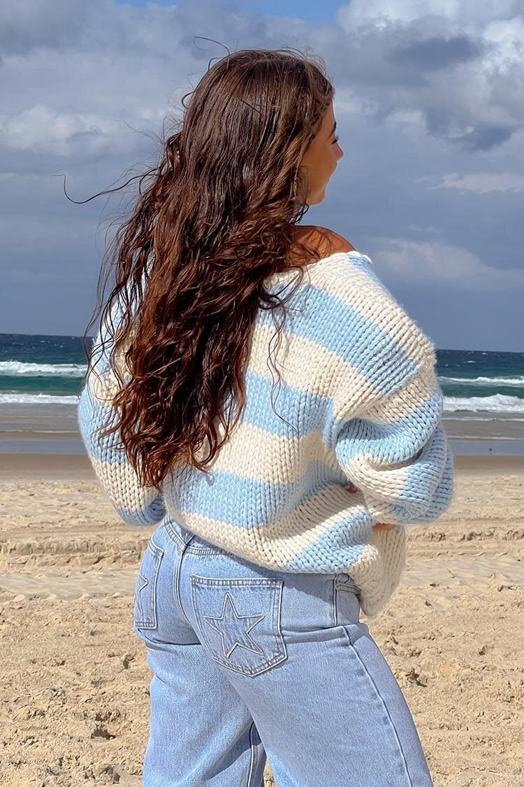 Gemütlicher Gestreifter Strickpullover mit Schulterfreiem Design Schicker Herbstpullover