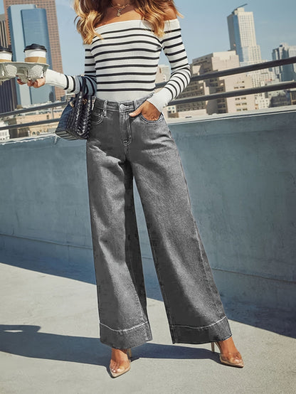 Jeans mit hoher Taille, weitem Bein und dehnbarem Denim-Stoff mit Umschlag am Saum