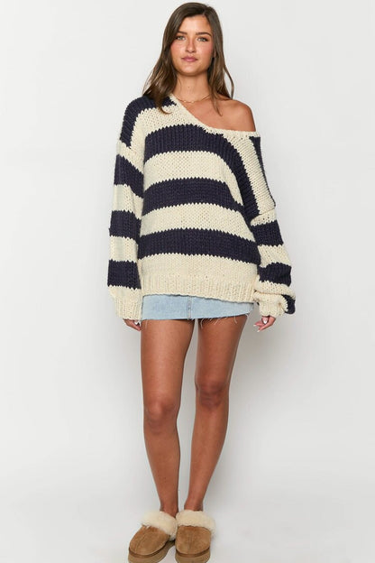 Gemütlicher Gestreifter Strickpullover mit Schulterfreiem Design Schicker Herbstpullover
