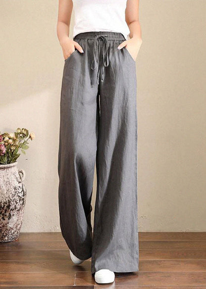 Hose aus französischem grauem Leinen mit weitem Bein, elastischem Bund und Taschen