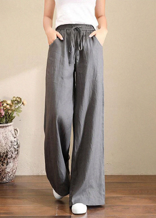 Hose aus französischem grauem Leinen mit weitem Bein, elastischem Bund und Taschen