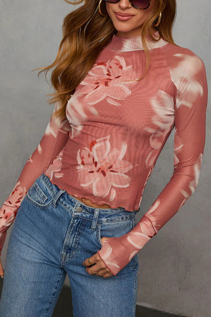 Floral bedrucktes Slim Fit Langarm Freizeitoberteil