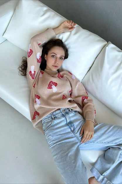 Gemütlicher Jacquard-Strickpullover mit Pilzmotiv