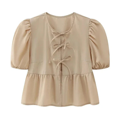 Bluse mit Leopardenmuster, Puffärmeln und Schleifendetail