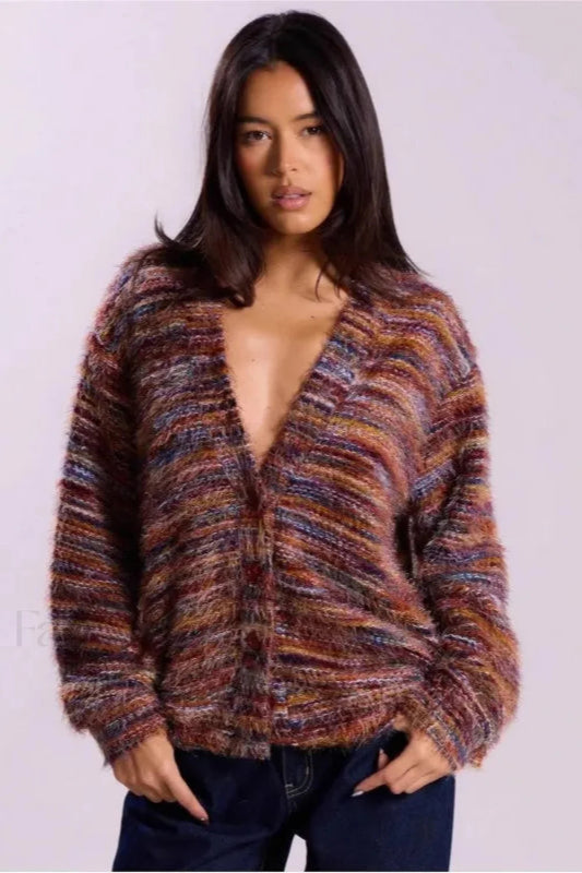 Gemütliche Vintage-gestreifte V-Ausschnitt-Strickjacke