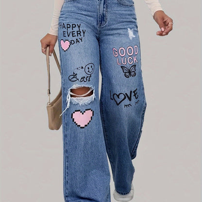 High-Waist Jeans mit weitem Bein und Grafikdesign