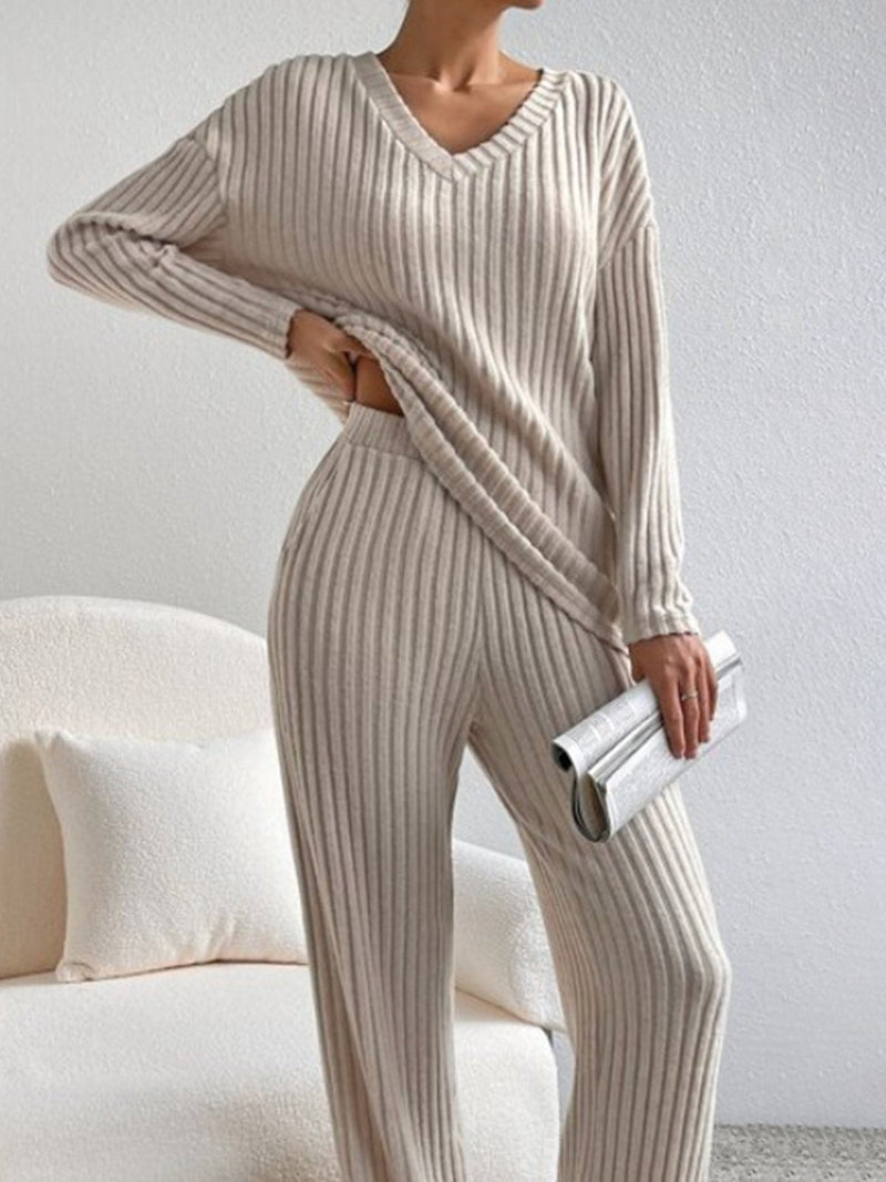 V Neck Ribbed Design Comfy Loose Straight-leg Trousers Two-Piece Set