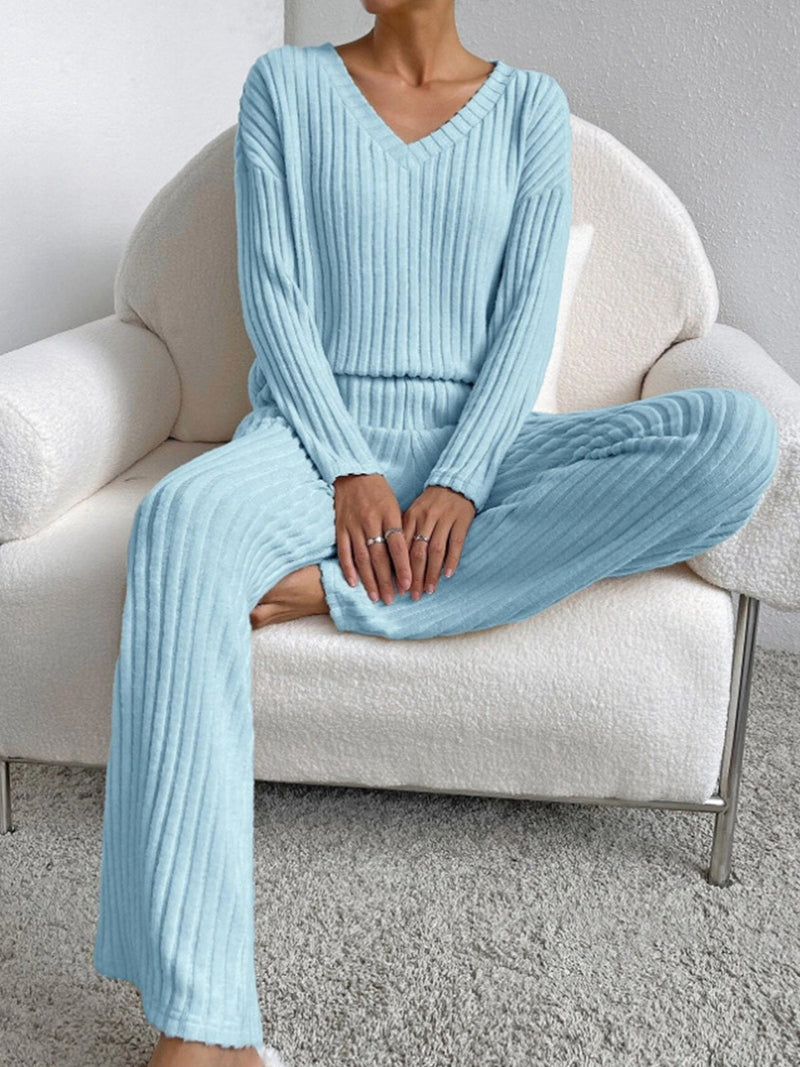 V Neck Ribbed Design Comfy Loose Straight-leg Trousers Two-Piece Set