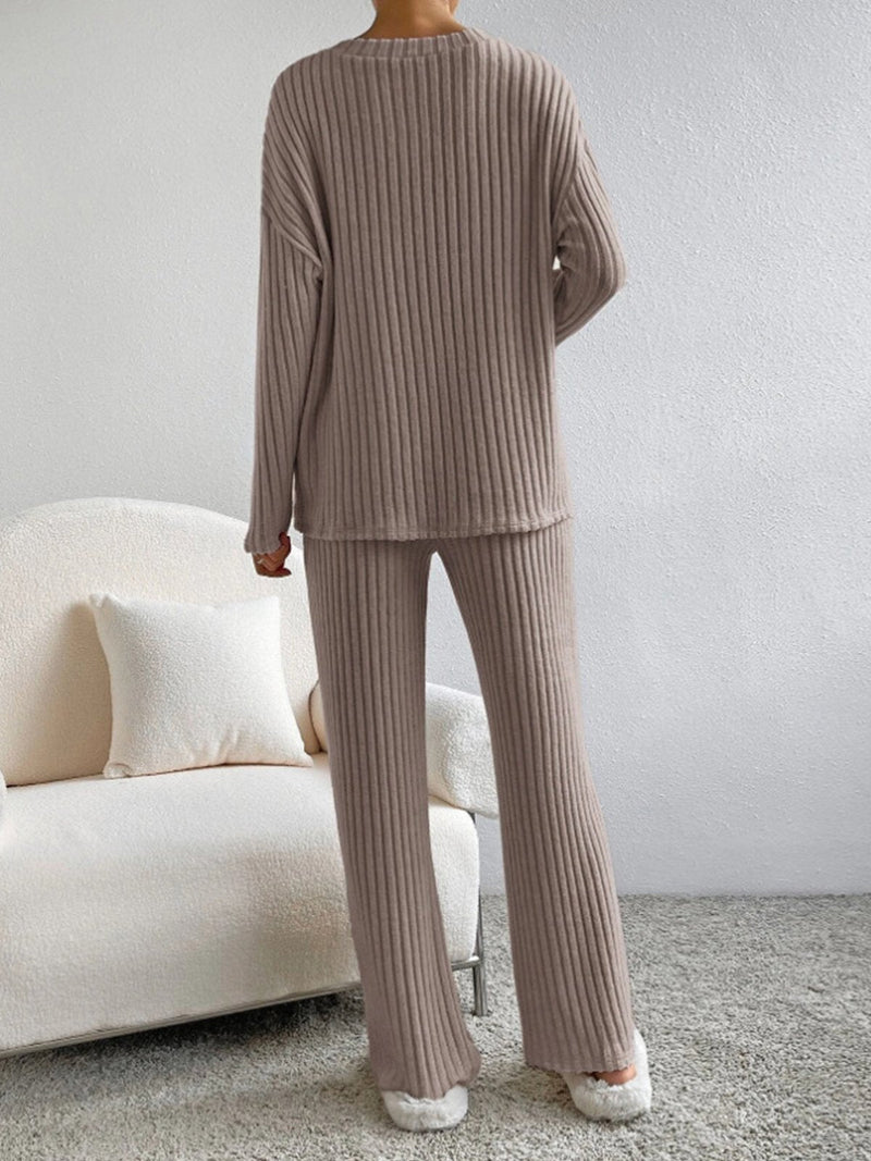 V Neck Ribbed Design Comfy Loose Straight-leg Trousers Two-Piece Set