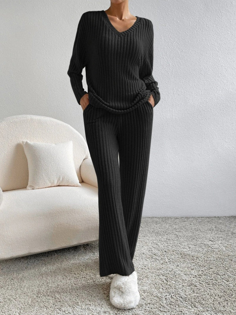 V Neck Ribbed Design Comfy Loose Straight-leg Trousers Two-Piece Set