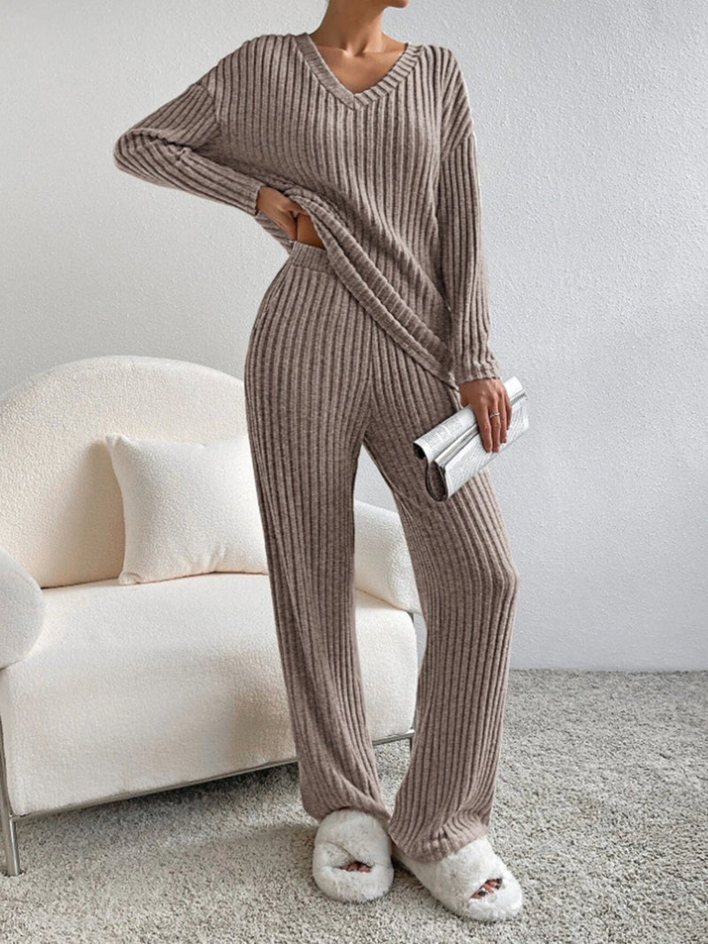 V Neck Ribbed Design Comfy Loose Straight-leg Trousers Two-Piece Set