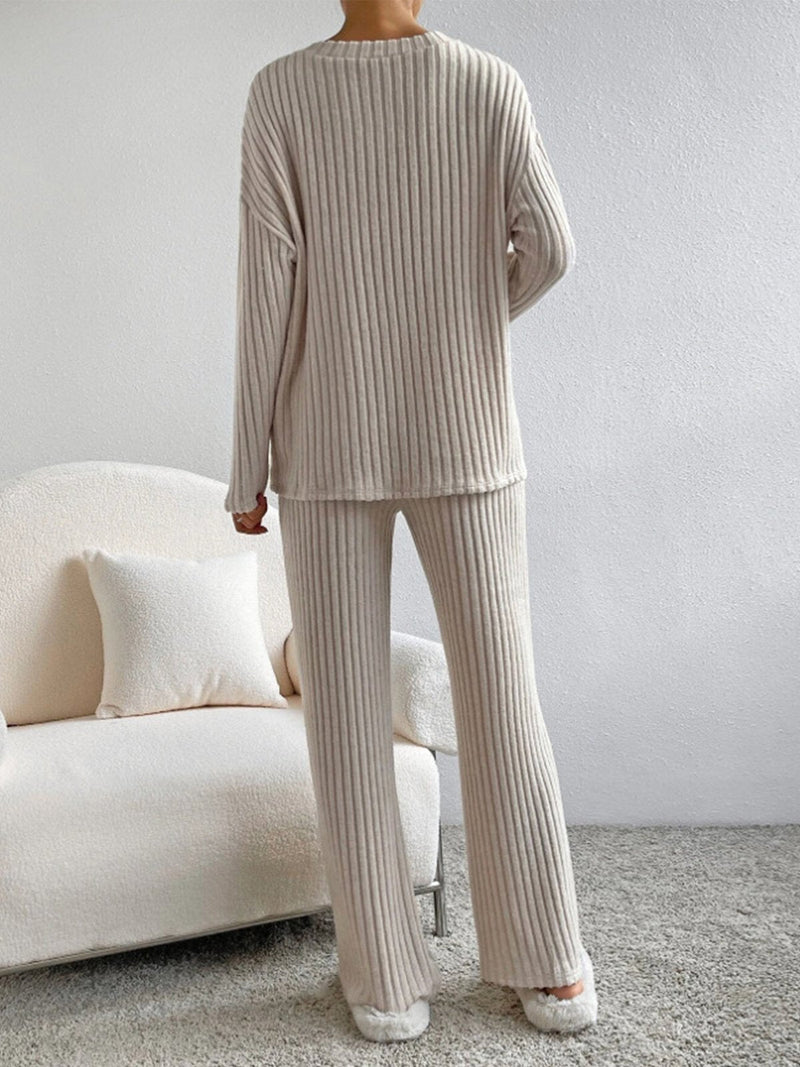 V Neck Ribbed Design Comfy Loose Straight-leg Trousers Two-Piece Set