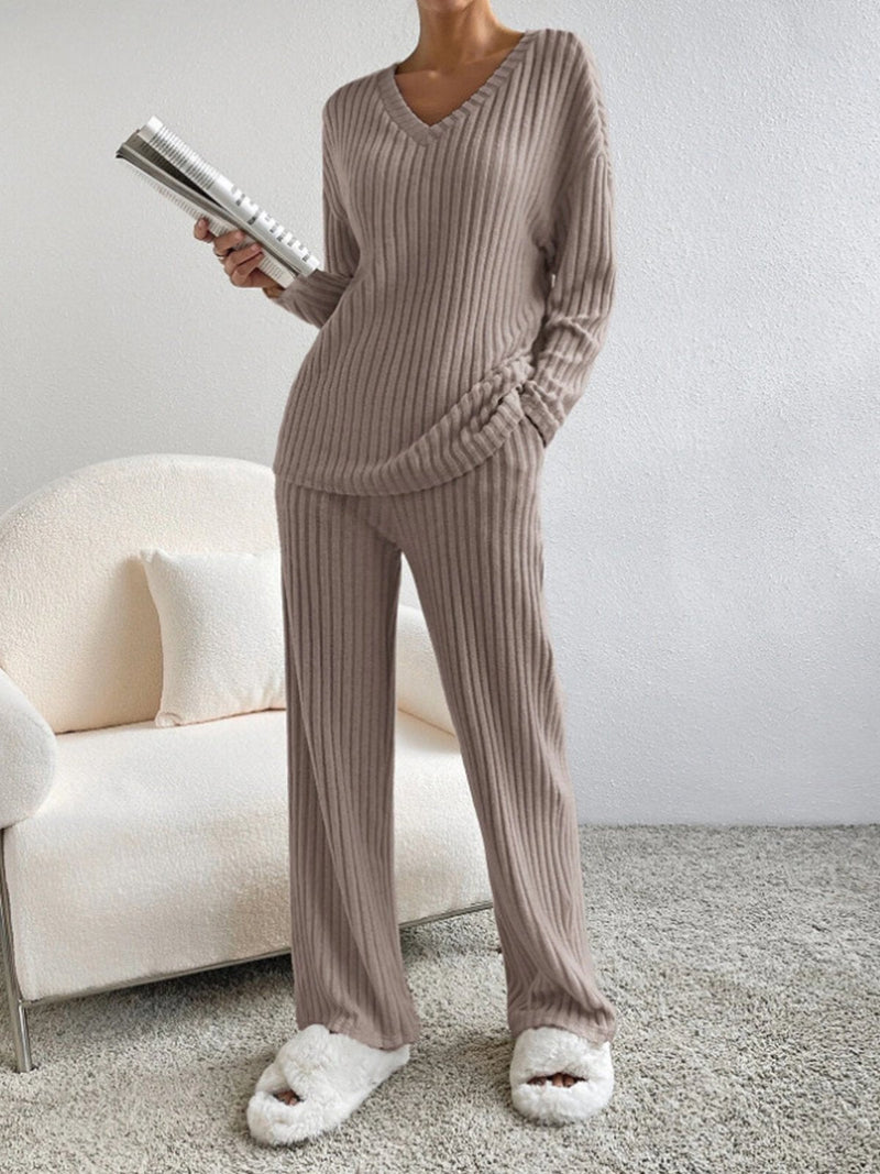 V Neck Ribbed Design Comfy Loose Straight-leg Trousers Two-Piece Set