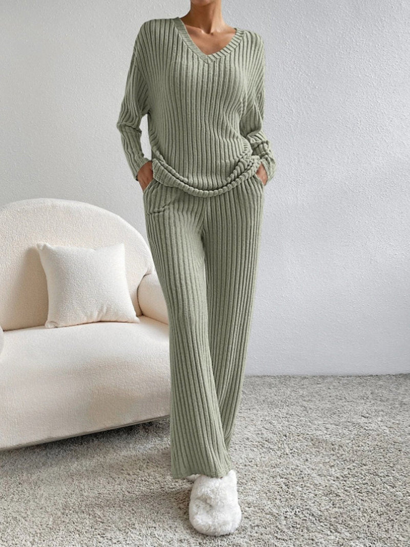 V Neck Ribbed Design Comfy Loose Straight-leg Trousers Two-Piece Set