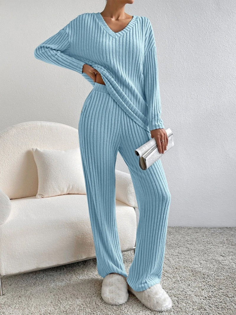 V Neck Ribbed Design Comfy Loose Straight-leg Trousers Two-Piece Set