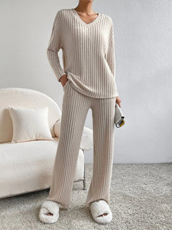 V Neck Ribbed Design Comfy Loose Straight-leg Trousers Two-Piece Set