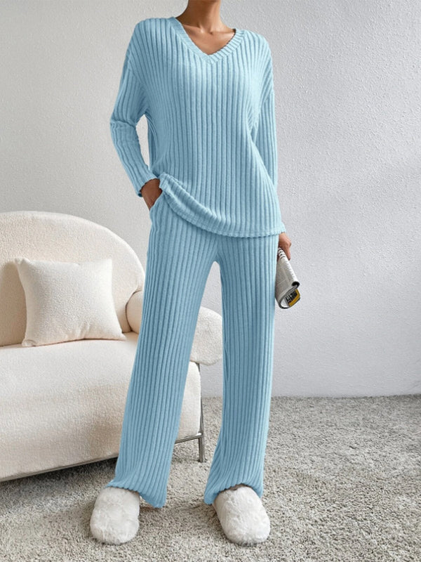 V Neck Ribbed Design Comfy Loose Straight-leg Trousers Two-Piece Set