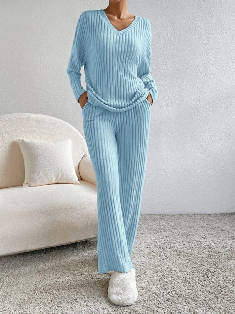 V Neck Ribbed Design Comfy Loose Straight-leg Trousers Two-Piece Set